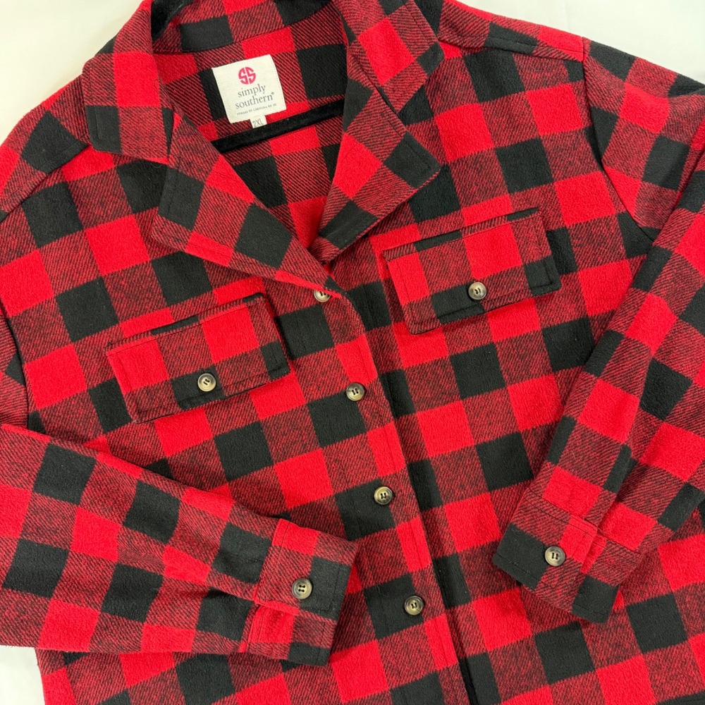 Simply Southern Buffalo Plaid Shirt Jacket Red Black 2XL Shacket Pockets